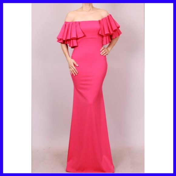 NWT Ruffled Off Shoulder Mermaid Maxi Dress Green - Picture 6 of 6